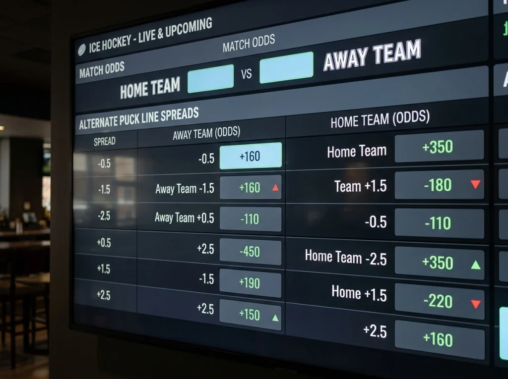 Sportsbook screen showing alternate puck line spreads at adjusted prices
