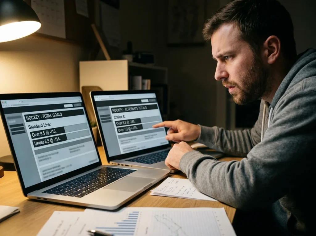 Bettor comparing standard and alternate totals at different prices