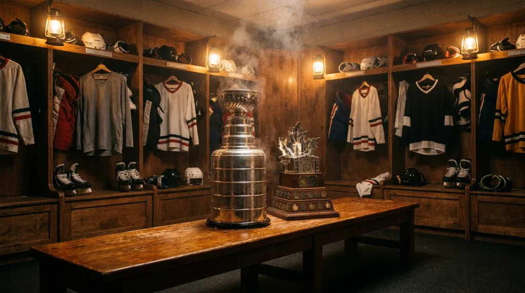 NHL locker room showing back-to-back championship trophies on a wooden bench