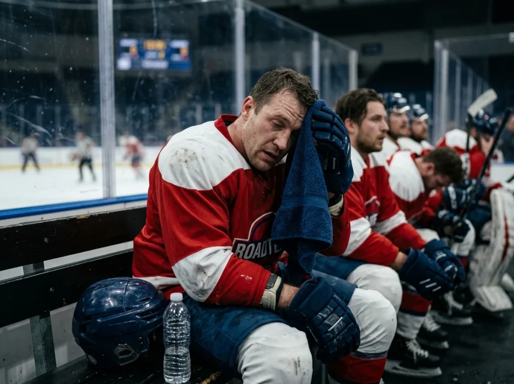 NHL player on the bench wiping sweat during a back-to-back road match