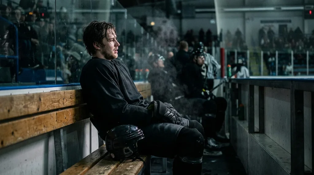 Exhausted NHL player resting on the bench between back-to-back games