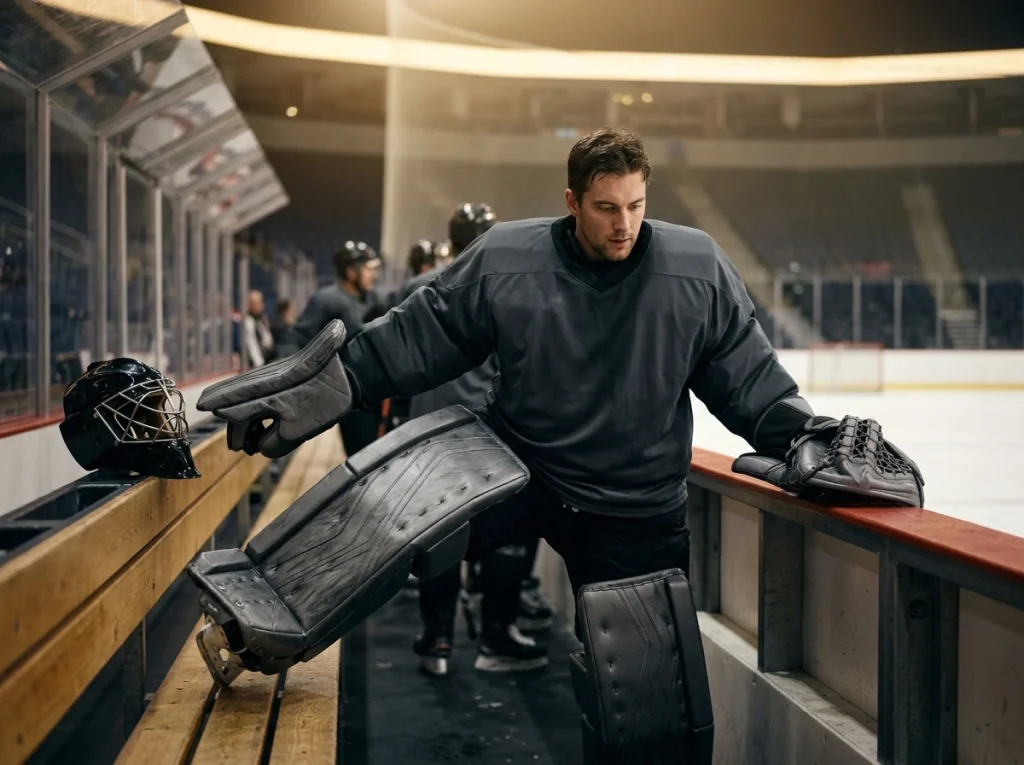 Backup goaltender stretching by the bench before an unexpected start