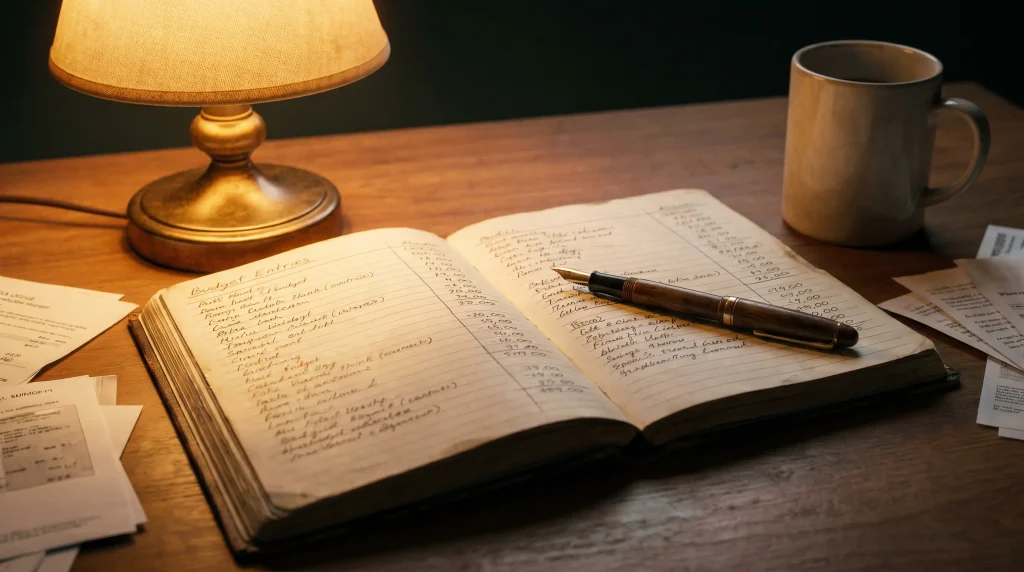 Handwritten bankroll budget plan in a hardcover notebook