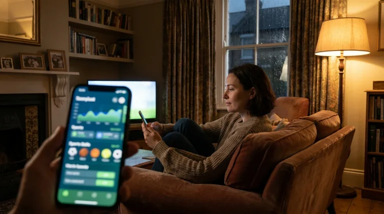 UK punter reviewing ice hockey betting markets on a mobile app in the evening