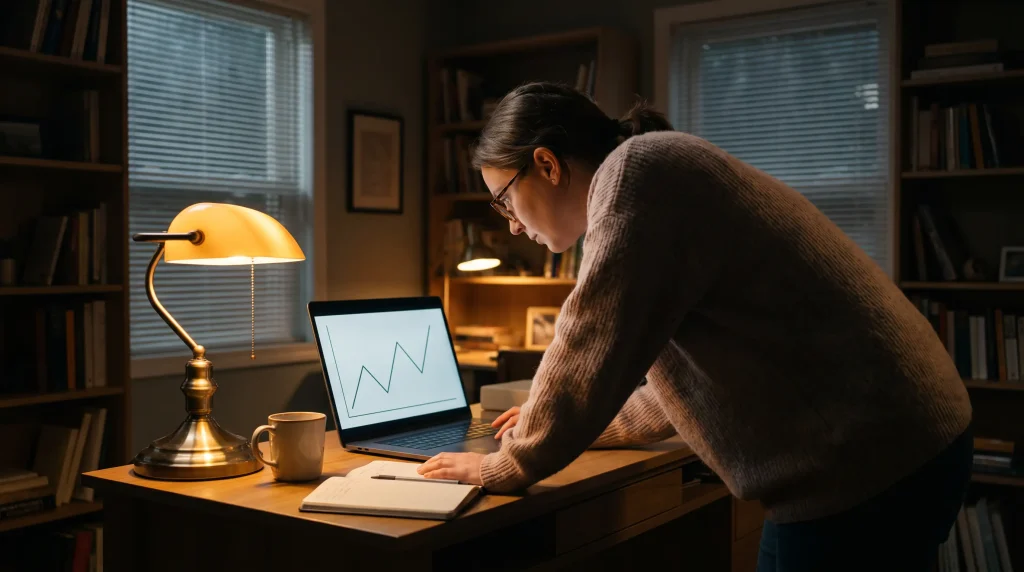 Line-movement chart open on a laptop in a home office