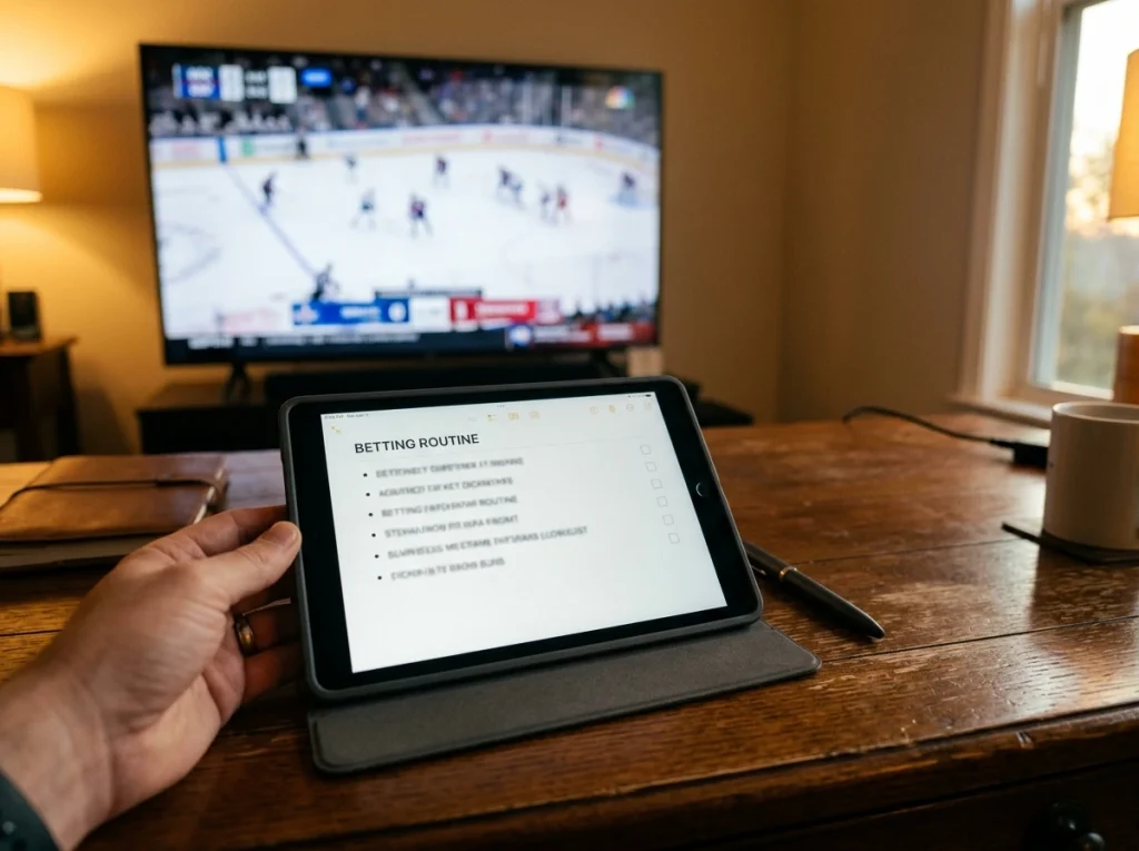 Betting routine checklist on a tablet placed beside an NHL pre-game broadcast
