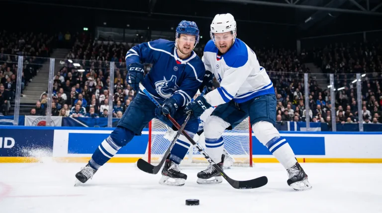 European ice hockey players battling for the puck during a Champions Hockey League fixture