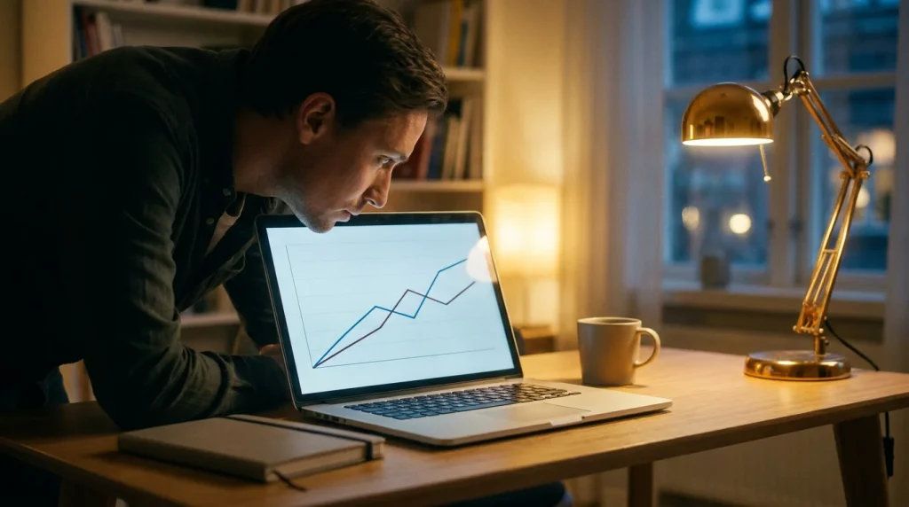Hockey bettor reviewing line movement from open to close on a laptop