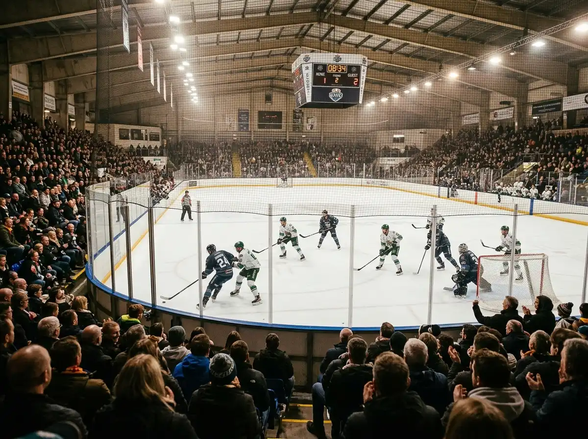 Elite Ice Hockey League fixture inside a UK arena with British crowd