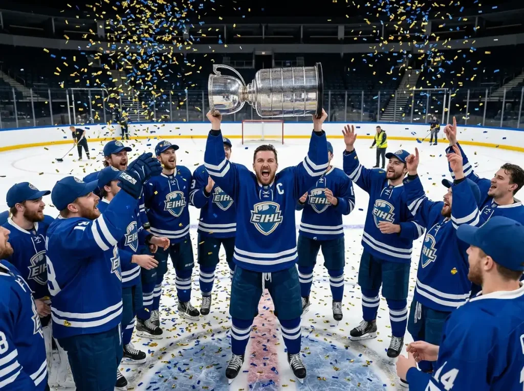 EIHL playoff champions raising the trophy on the ice after the final
