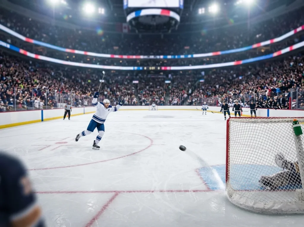 NHL team scoring into an empty net to clinch a two-goal margin