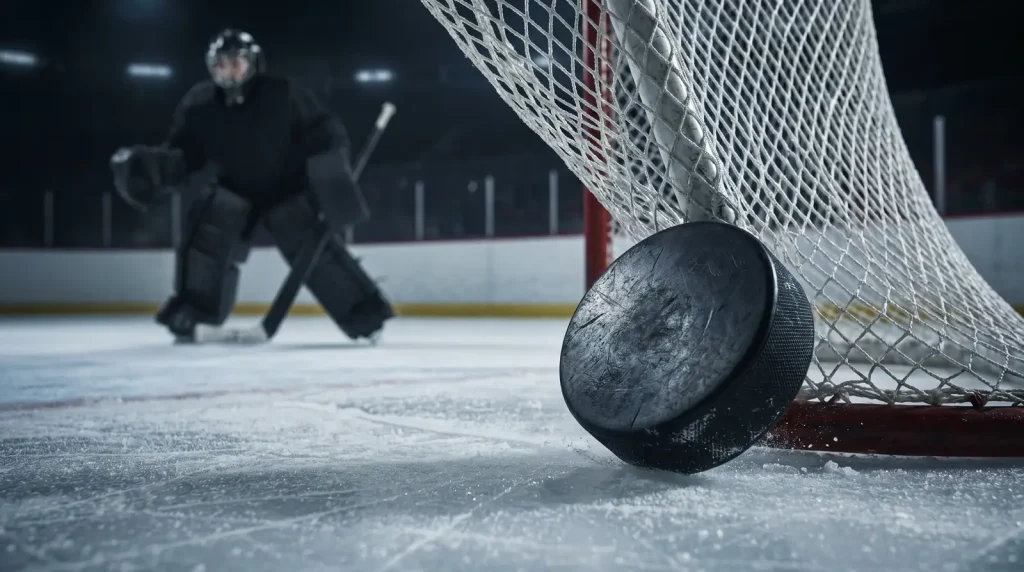 Puck sliding into an empty net late in the third period