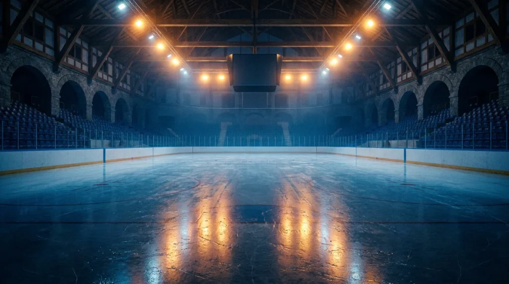 Empty European hockey arena before puck drop with overhead lights warming up