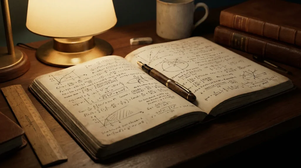 Handwritten EV formula in a notebook on a wooden desk