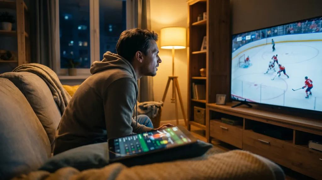 Bettor watching the final minute of a hockey game with the tablet open