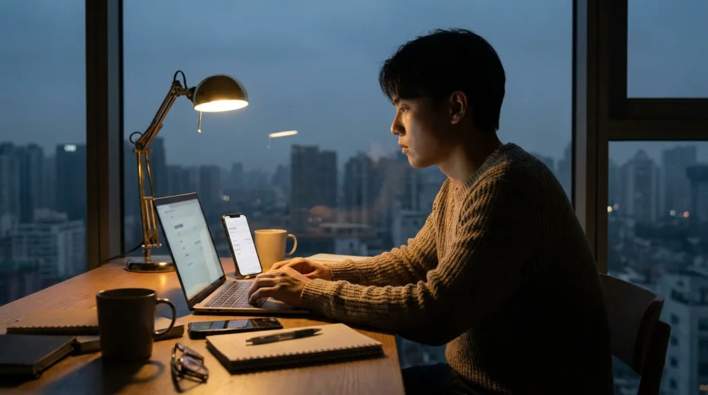 Evening line shopping routine on a laptop and phone