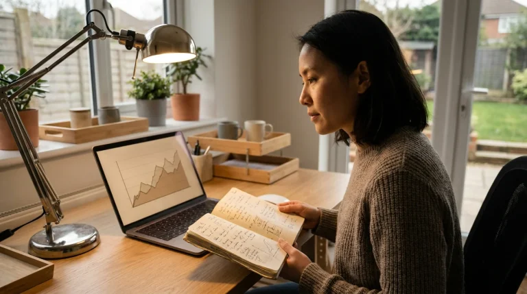 Hockey bettor calmly reviewing edge calculations in a tidy home office