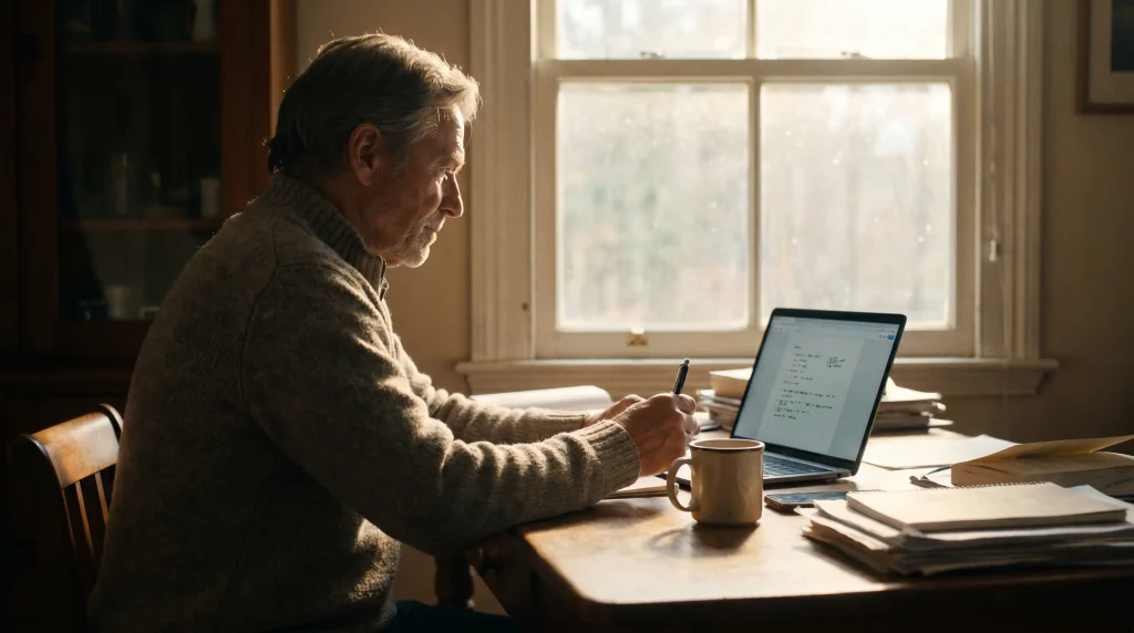 Experienced bettor with a coffee mug reviewing the morning's lines