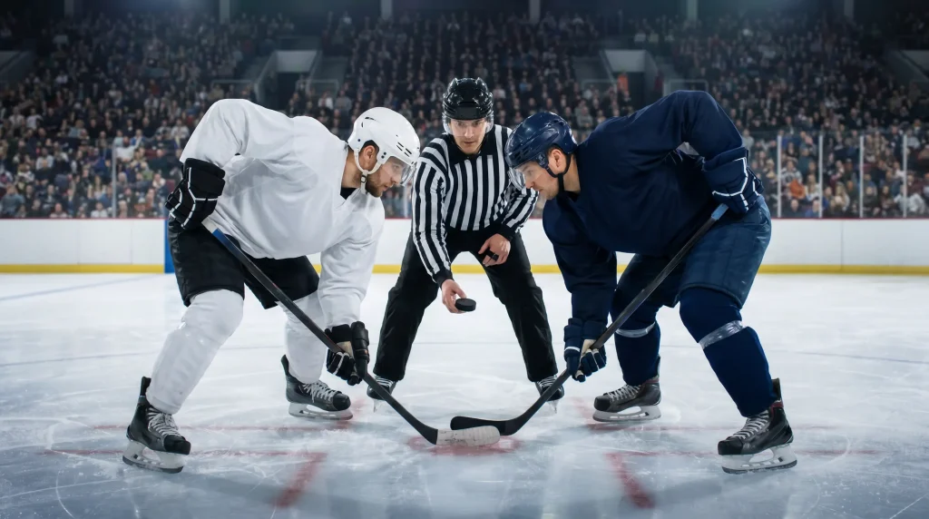 Faceoff at centre ice after the opening goal of the game