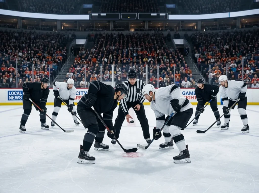 Opening faceoff at centre ice during a cautious first period