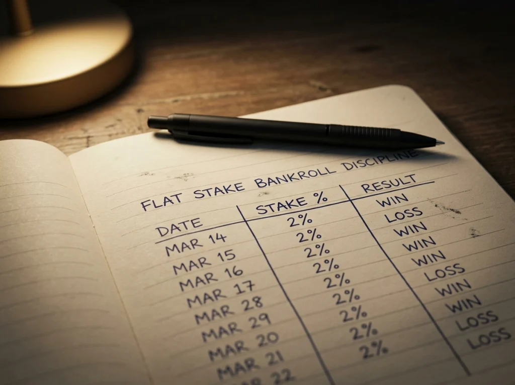 Notebook with handwritten staking plan and bet tracking columns