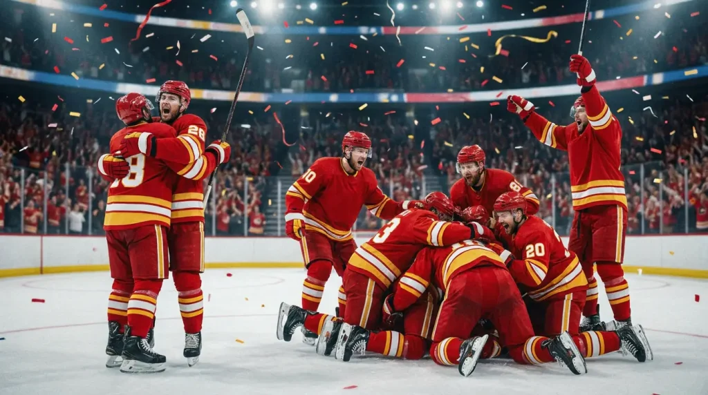 Florida Panthers players celebrating with the Stanley Cup after the 2025 NHL final