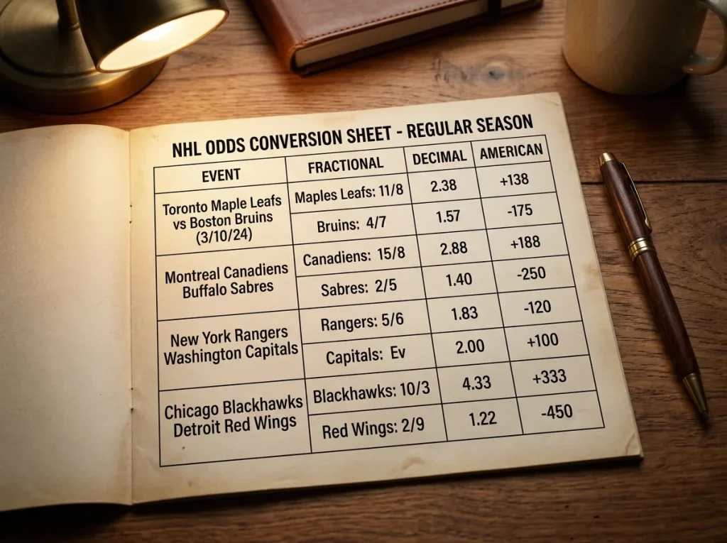 Conversion chart showing the same NHL moneyline in three odds formats