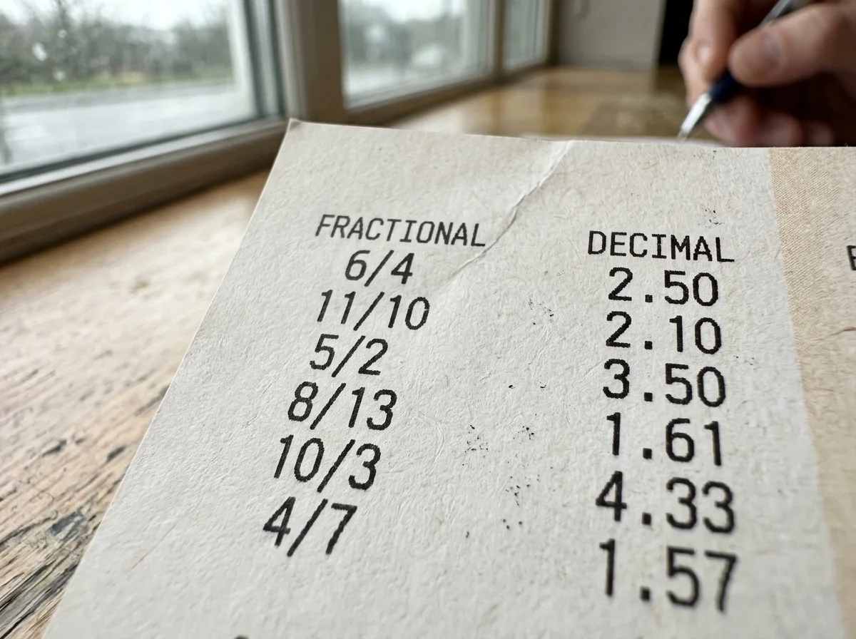 Close-up of a UK betting slip with fractional and decimal odds printed side by side