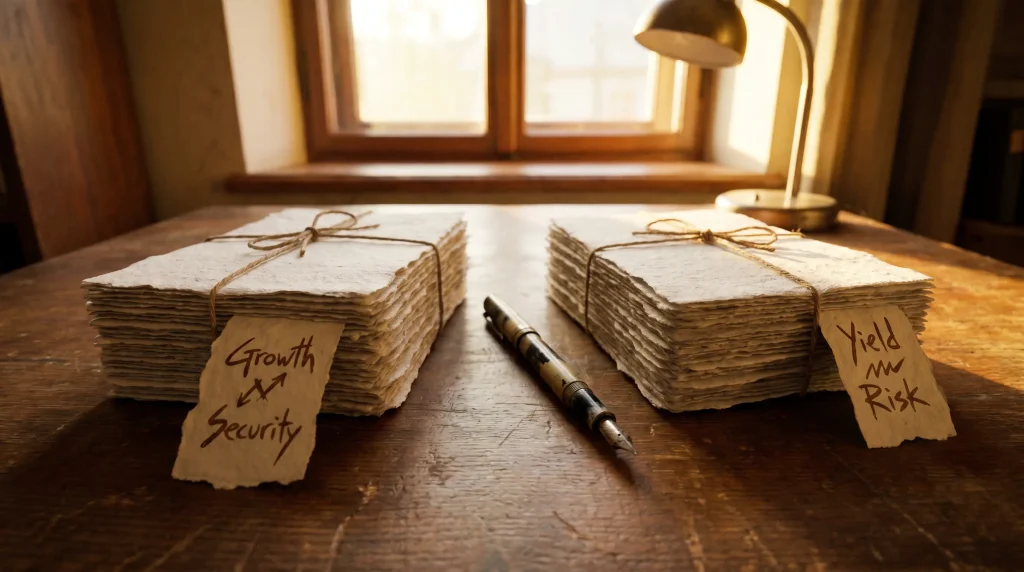 Two stacks of paper notes side by side showing full versus fractional staking approaches