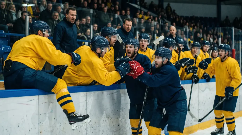 European hockey team bench during a line change in a top continental fixture