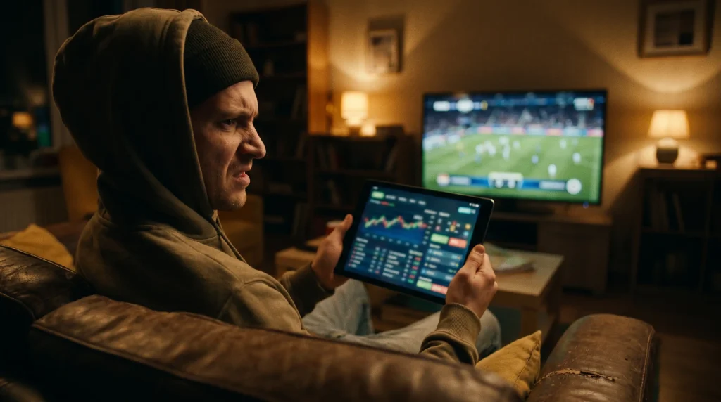 Bettor hedging a pre-game ticket during a third-period broadcast