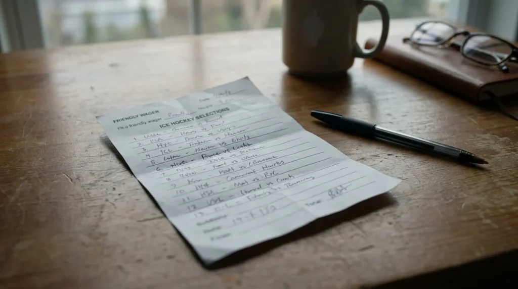 Close-up of a multi-selection hockey accumulator bet slip on a desk