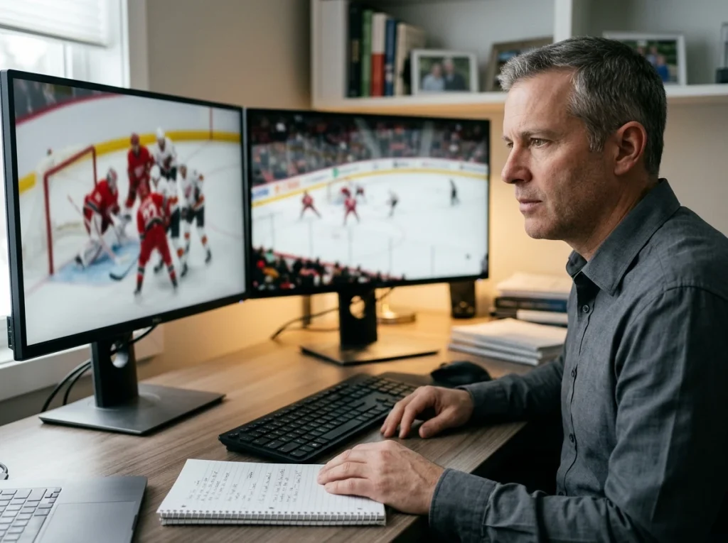 Hockey analyst reviewing video clips on a dual-monitor setup