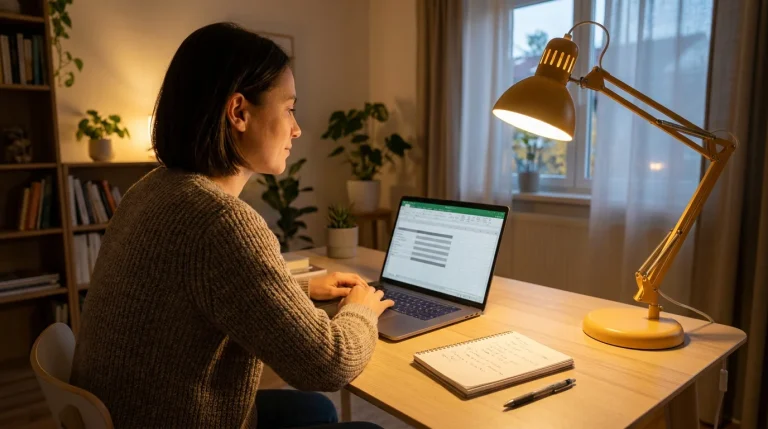UK hockey bettor reviewing a bankroll spreadsheet on a laptop in a tidy home office