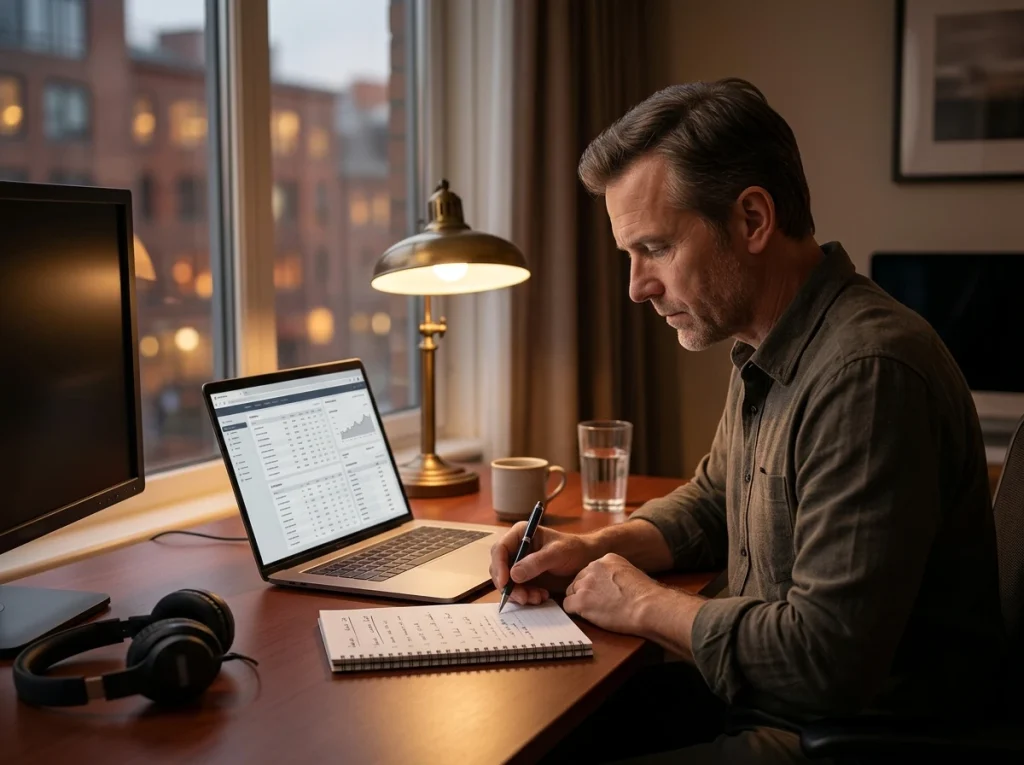 Hockey bettor researching lineups in the evening near a window
