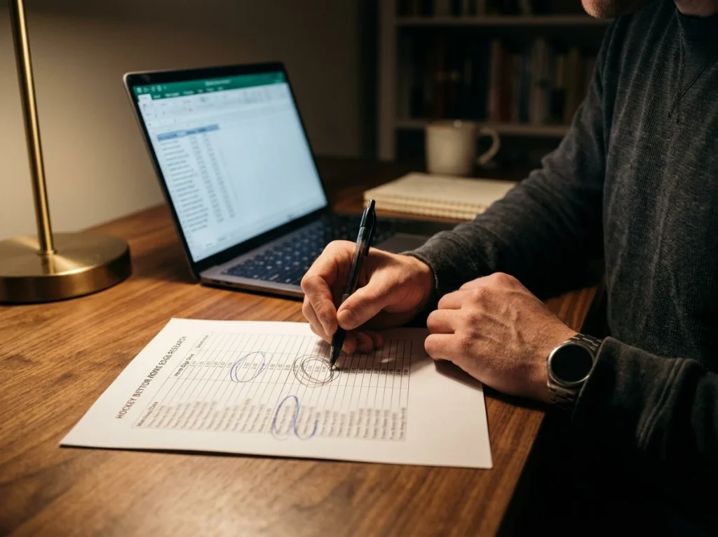Bettor reviewing home and away splits on a printed sheet