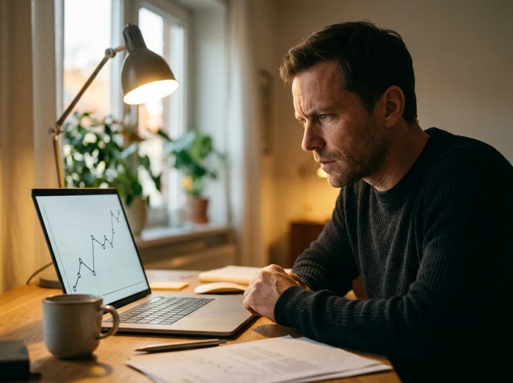 Hockey bettor monitoring a moneyline shift on a laptop after a goalie scratch