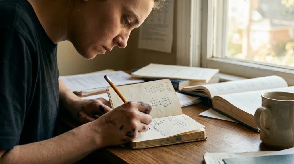 Bettor doing a quick fraction-to-decimal conversion in a notebook