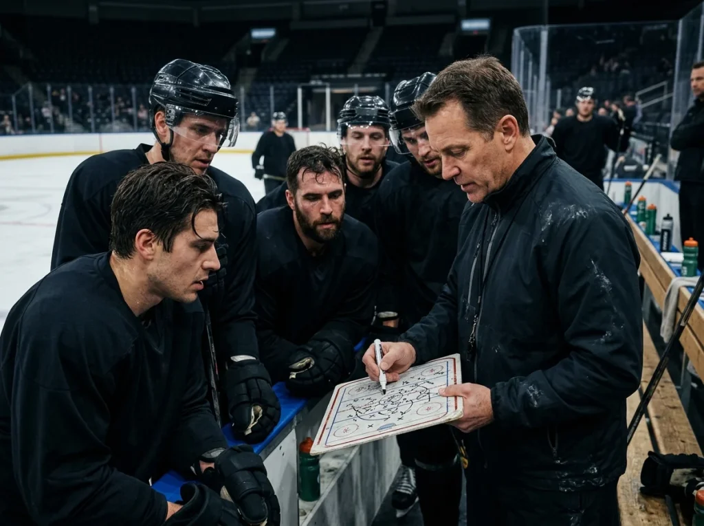 Hockey coach drawing a power-play set-up on a whiteboard