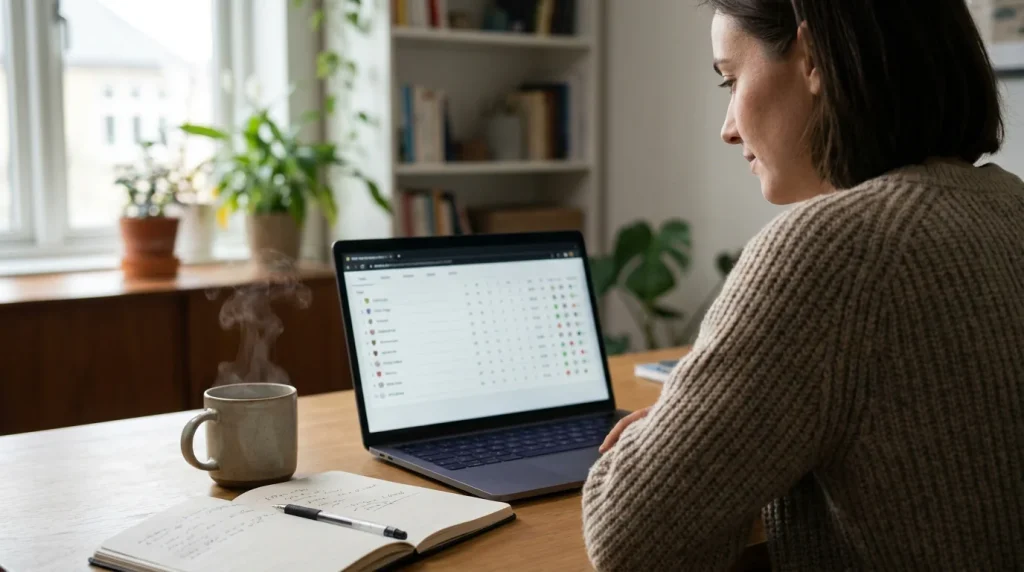Hockey fan reviewing European hockey results on a laptop midweek