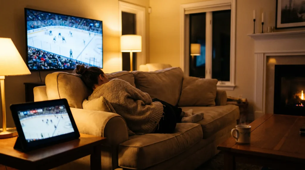 Hockey fan watching multiple games at home with a tablet on the side