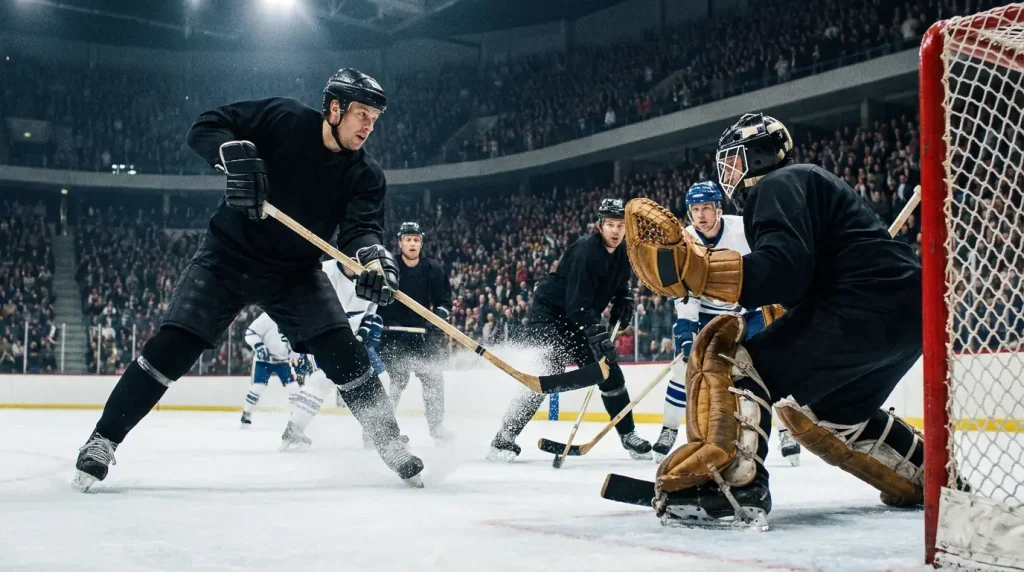 Hockey forward firing a wrist shot from the slot with traffic in front