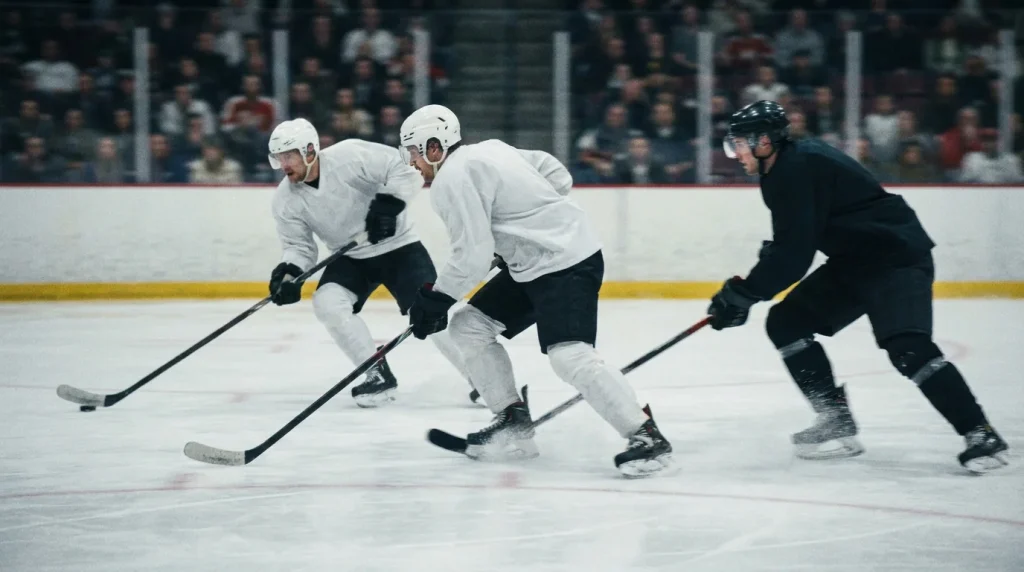 High-paced transition rush up the ice during a hockey game
