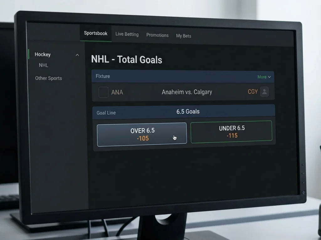 Sportsbook page showing NHL game total at six and a half goals