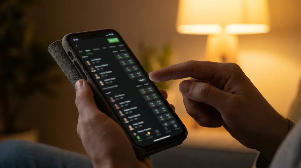 Anytime scorer market displayed on a hockey betting app in the evening