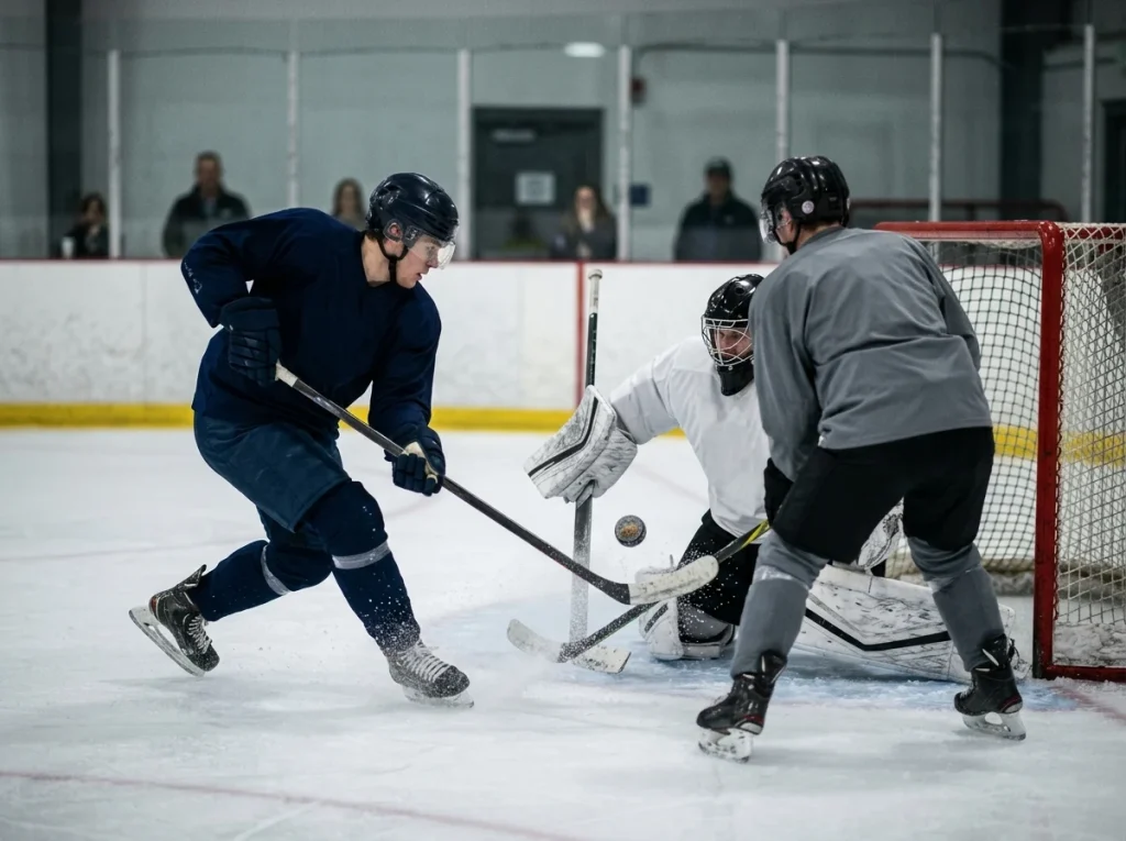 Hockey puck deflecting in front of the net during a power play