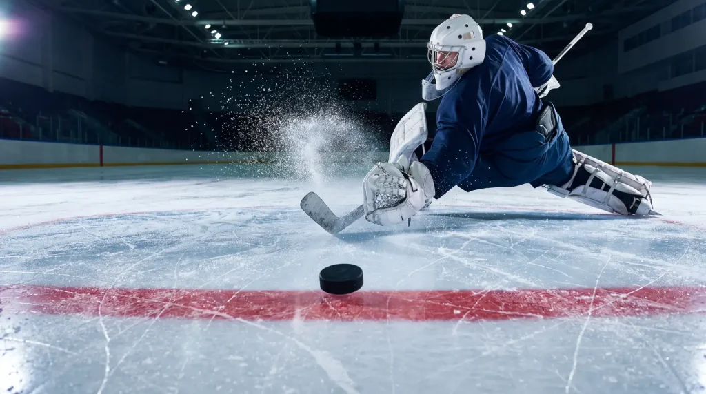 Hockey puck crossing the goal line as a goaltender dives in vain