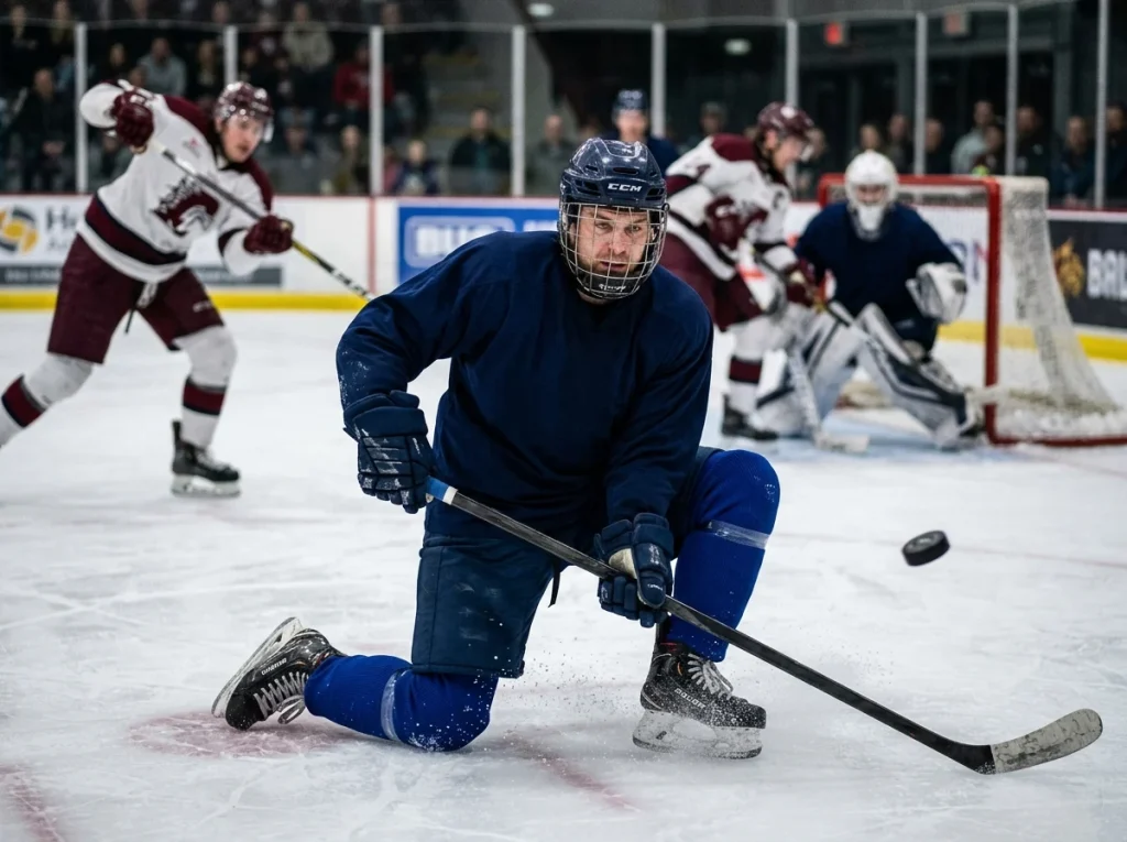 Hockey penalty killer dropping to a knee to block a shot from the point