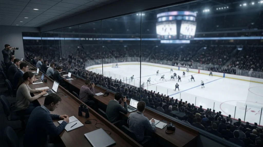Press-box view of an arena scoreboard showing shot counts