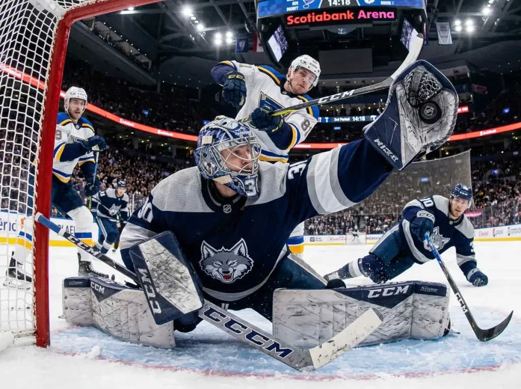 Home team goalie stopping a high-danger chance in the third period
